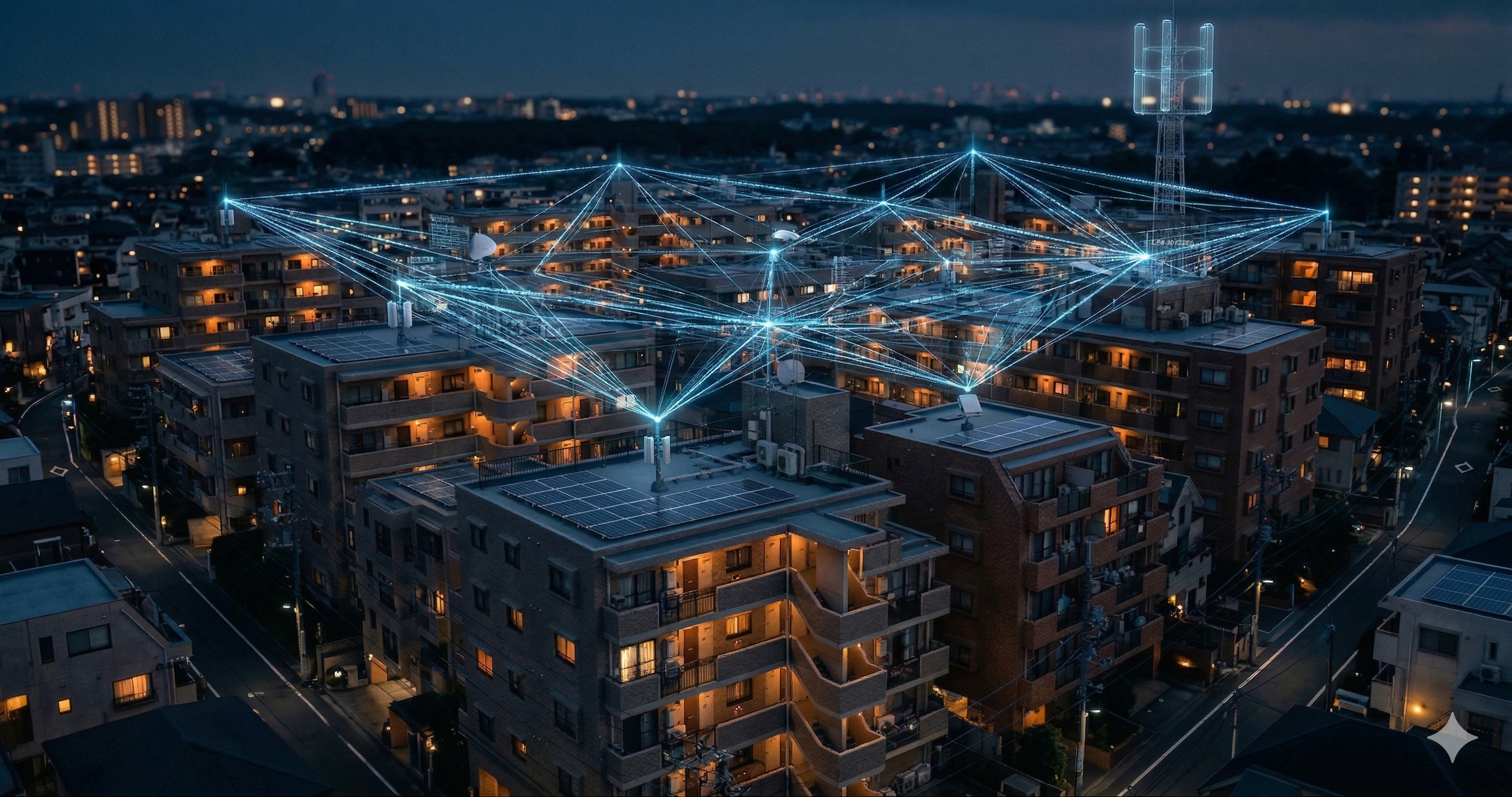 日本のマンション群とネットワーク設備の監視イメージ